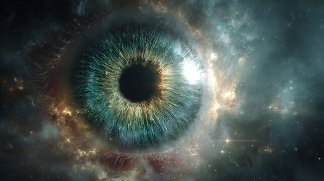Cosmic Gaze: An eye emerges from the cosmos, creating an emotional link. The image sparks contemplation, wonder, and the possibility of other worlds. - Powered by Adobe