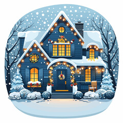 Cozy Blue Vector House Decorated with Christmas Lights and Snow