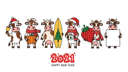 Cartoon Cows Celebrating 2021 New Year with Festive Elements © akmal
