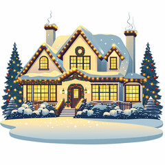 Festive Christmas House Decorated with Lights Vector Illustration