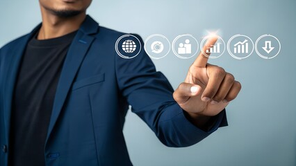 A businessman in a suit interacting with a futuristic holographic interface displaying various business and data icons.