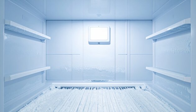 An empty, frost-covered freezer with shelves, showcasing a clean and minimalist design in a cool-toned environment.