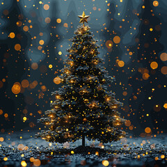 Vector Illustration of a Decorated Christmas Tree with Bokeh Lights