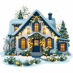 Christmas House Vector Illustration Decorated with Lights and Snow