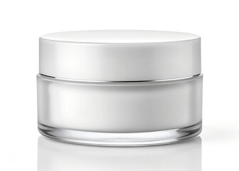 Clean, minimalist frosted glass jar featuring a smooth white lid, designed for premium skincare and beauty product display, captured in a bright, isolated studio setting for marketing purposes