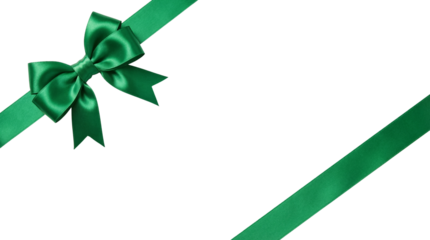 Green Satin Ribbon and Bow with Diagonal Stripe Isolated on White Background