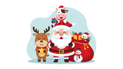 Festive Holiday Illustration Santa, Reindeer, and Friends Bringing Christmas Cheer and Gifts © Maziaa