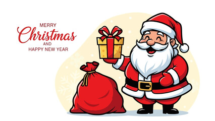 Santa Claus holding a gift box and sack with Merry Christmas and Happy New Year text in the background
