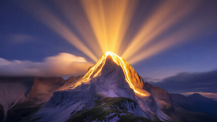 A glowing mountain peak emitting radiant beams into the sky symbolizing hope achievement and new year aspirations in a dramatic serene landscape with uplifting futuristic energy