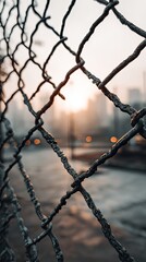 Icy fence with a blurred cityscape at sunrise in the background