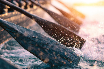 Row of wooden oars splash water during golden sunset reflecting intense effort of ancient naval galley racing to battle across sea