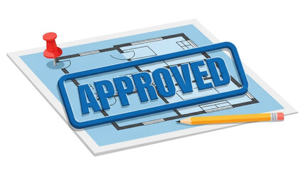 Blueprint Design Approved with Stamp and Pencil on White Background