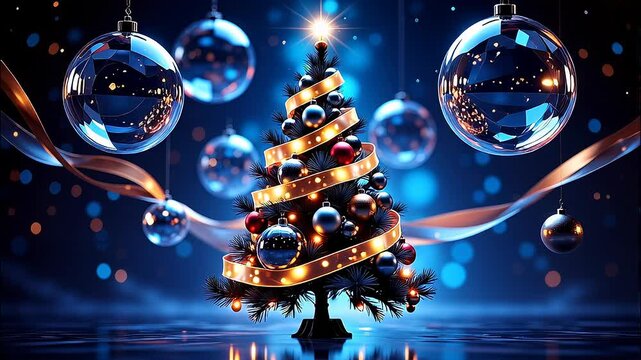 Magic Christmas tree with glowing lights and glass baubles