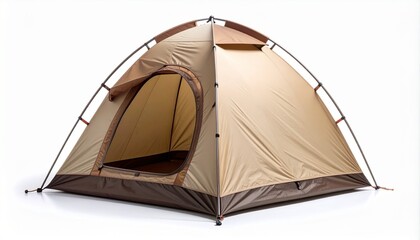 Tan dome camping tent with open zippered door on white background