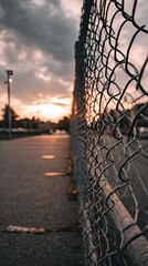 Chain-link fence extends to sunset beyond empty parking area