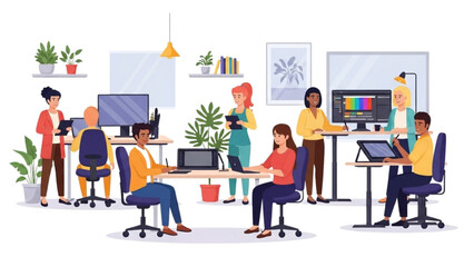 Fototapeta premium A group of people working together in a modern office space with computers and plants.