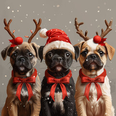 Vector Cute Puppies Wearing Christmas Antlers and Hats