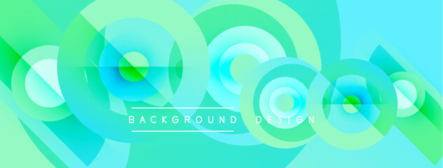 Abstract design features layered circles, vibrant turquoise, green hues. Modern aesthetic, dynamic composition, smooth gradients present.