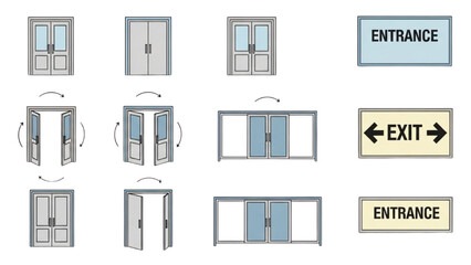Illustrations of various door designs and entrance exit signs in different configurations and styles