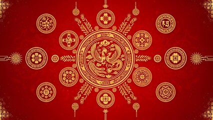 Red and gold Chinese New Year background with classic Chinese circle ornaments, symmetrical composition