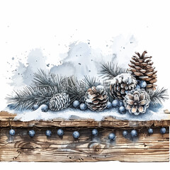 Watercolor Winter Pinecones and Snow Decoration Vector Illustration