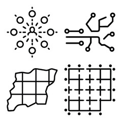 Central User Social Network Hub, Integrated Microchip Circuitry, Abstract Map Grid, and Technical Layout Design Outline Icons Set