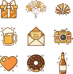 New Year Festive Holiday Icon Set Collection