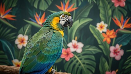 Obraz premium Vibrant blue and green parrot perched on branch with tropical flowers background