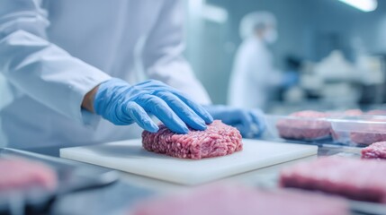 Medium shot of an expert gently pressing and feeling raw meat to assess texture and firmness in a quality control lab
