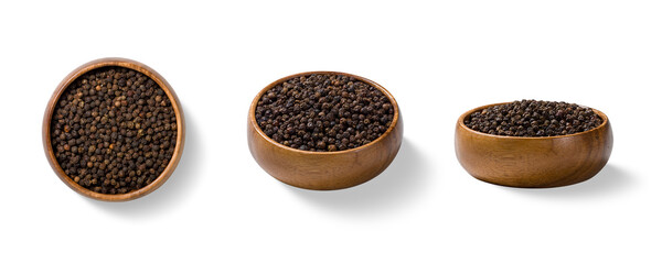 Three piles of black peppercorns from different angles, including top and side views, in a wooden bowl, isolated on a transparent background, ideal for food design, packaging, and culinary use.