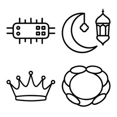Hardware Microchip Component, Islamic Ramadan Crescent Moon and Lantern, Royal Queen Crown, and Circular Beaded Necklace Outline Icons Set