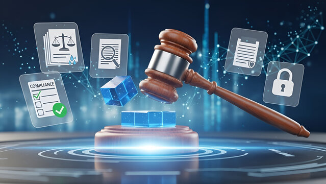 Legal compliance solutions with a gavel striking for justice, showing data privacy and regulation oversight in modern business for technology and innovation.