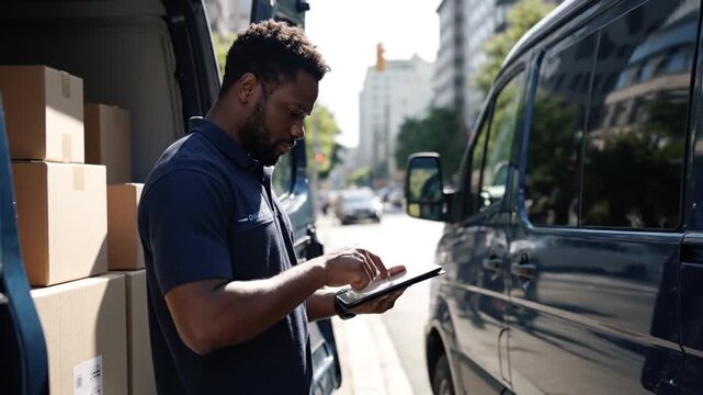Delivery Worker Using Smartphone Beside Van in Urban Street
 - Powered by Adobe