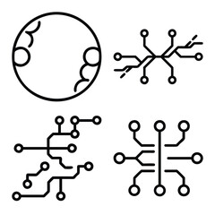Abstract World Globe Outline, Tech Network Connection Nodes, and Integrated Circuit Microchip Pattern Outline Icons Set