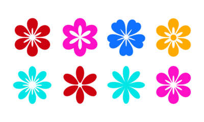 A digital illustration featuring a collection of eight stylized flower icons arranged in a grid of two rows and four columns against a solid black background. Each flower possesses a simple, graphic d