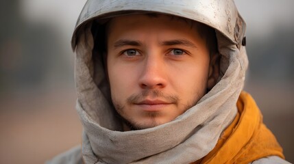 Close up portrait of a man wearing a medieval style helmet and hood with a thoughtful and determined expression outdoors