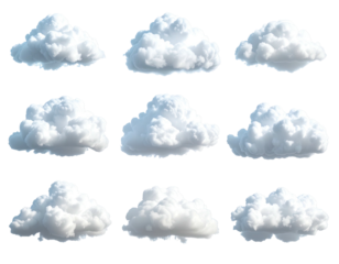 Nine fluffy white clouds against a transparent, dark backdrop