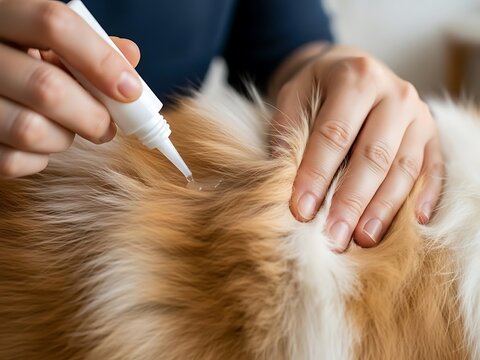 Closeup of hands applying topical flea and tick treatment or medicine directly onto the fur of a longhaired dog for parasite prevention and control
