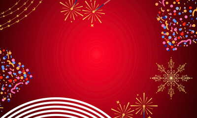 PNG image of&nbsp;Festive red background design with golden fireworks, confetti, snowflakes, and decorative lights on transparent background