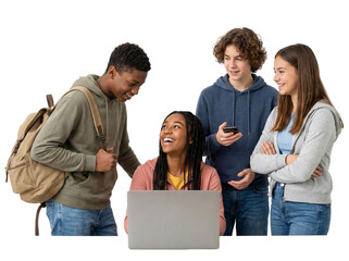 Happy Diverse Group Of Teenagers Looking At Laptop Screen Together Isolated On White Background
