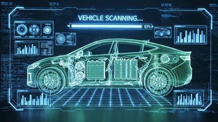 Futuristic car scanning technology with digital interface and blue glow - Powered by Adobe