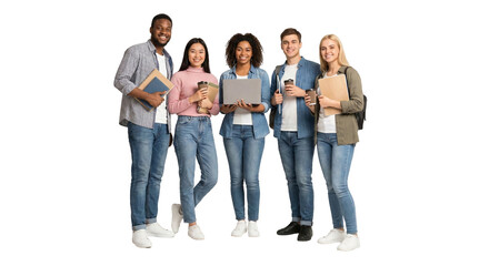 Happy diverse group of university students standing together holding books and laptop isolated on white background
