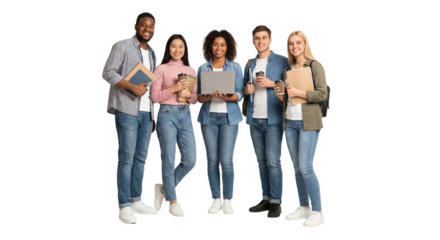 Happy diverse group of university students standing together holding books and laptop isolated on white background
