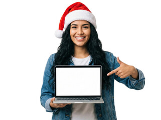 Happy young woman in Santa hat holding laptop and pointing at blank white screen isolated on white background
