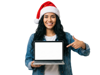 Happy young woman in Santa hat holding laptop and pointing at blank white screen isolated on white background
