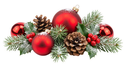 Christmas decoration with red baubles, pine cones and fir branches isolated on white background
