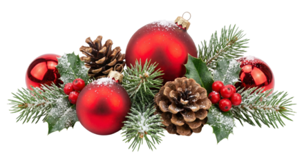 Christmas decoration with red baubles, pine cones and fir branches isolated on white background
