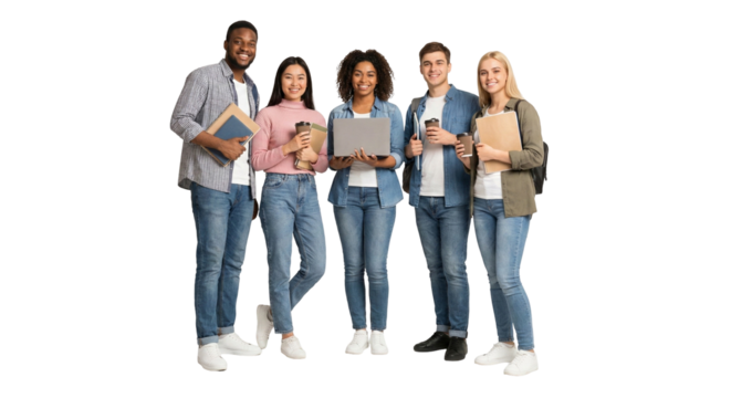 Happy diverse group of university students standing together holding books and laptop isolated on white background
 - Powered by Adobe