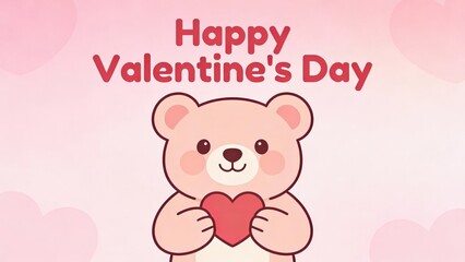 Cute pink teddy bear holding a red heart wishing Happy Valentines Day.