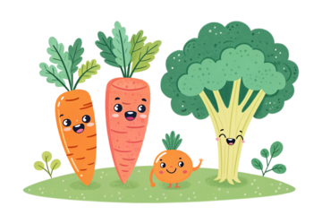 Cartoon character, group of vegetables smiling on transparent